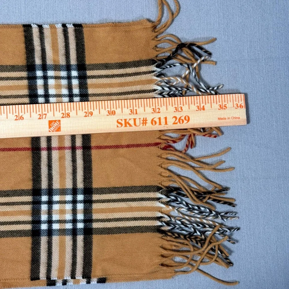 V. Fraas Cashmink Plaid Scarf Tan Camel Black Red Check Tassel Fringe Germany